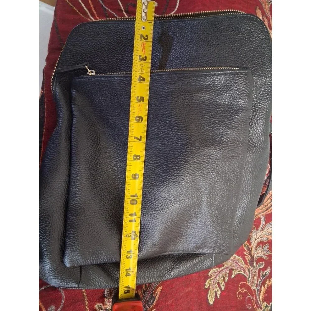 L.Credi Black Genuine Leather Backpack With Gold-Tone Hardware & Multiple Compar